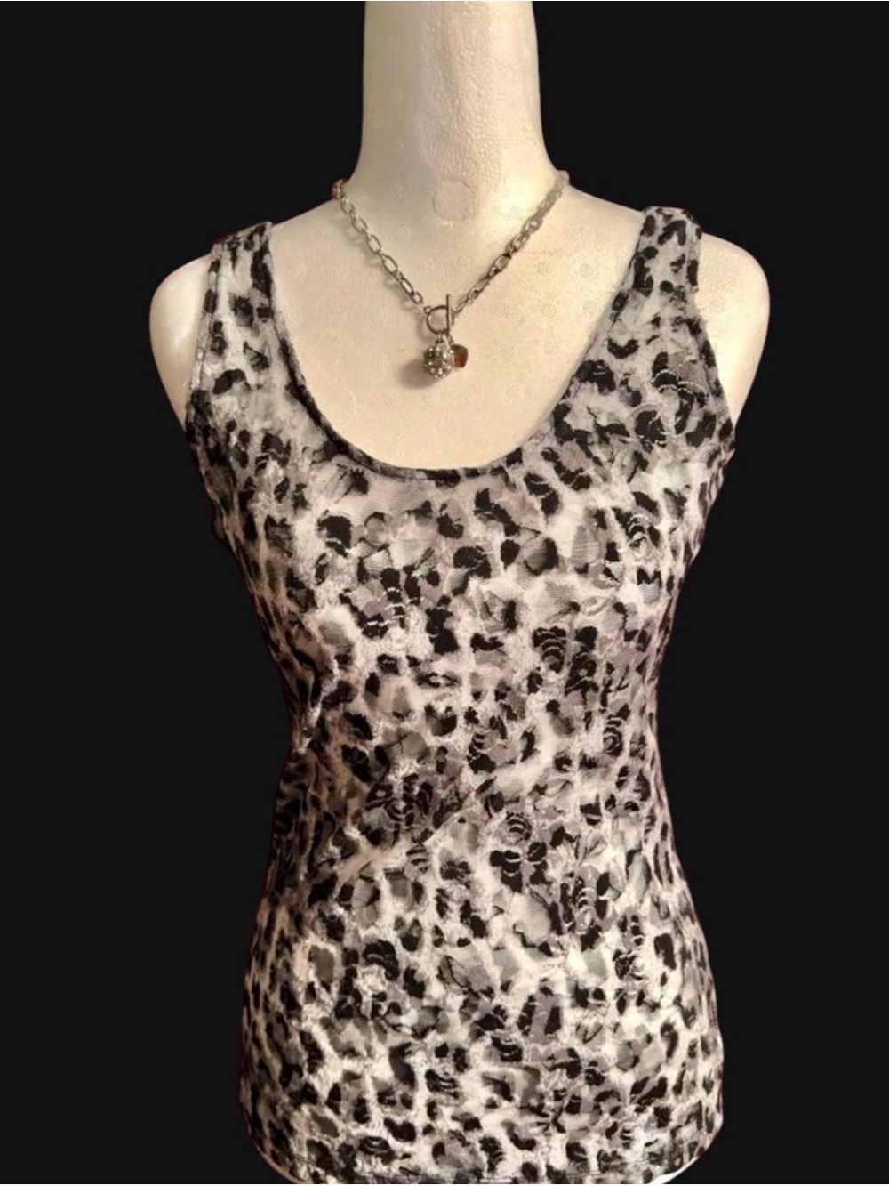 Vintage Guess Sheer Leopard Print Mesh Tank Top Grey Black Lace Y2K Grunge